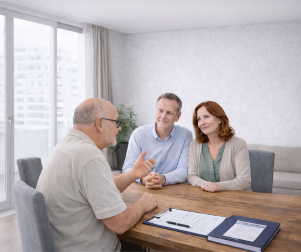 Onafhankelijke expert in schade-expertise en tegenexpertise bespreekt verzekeringsdossier met klanten in België